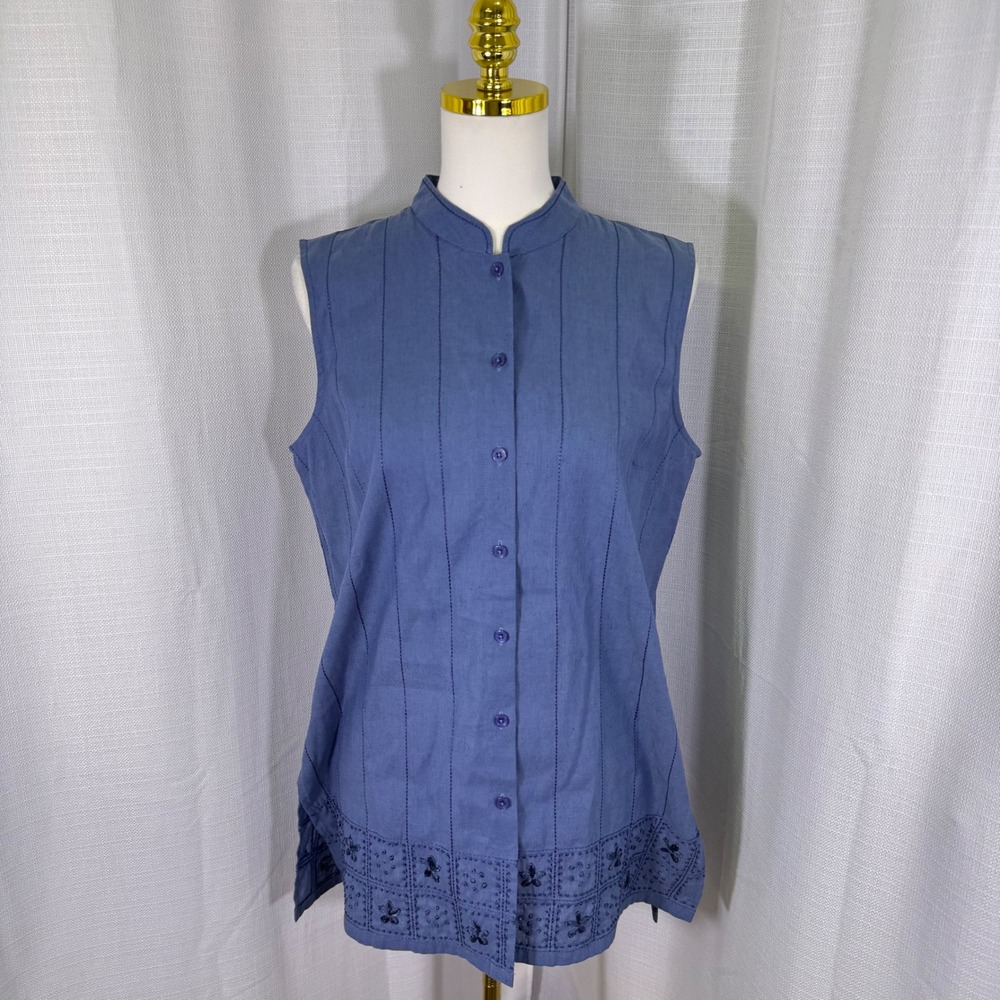 NEW Talbots Irish Linen Blend Tunic Top Womens M Blue Embroidered Hem Cottage